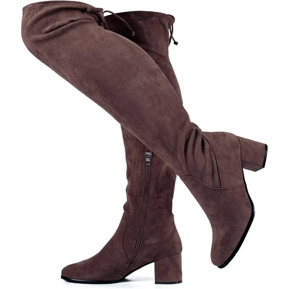 Women Coffee Faux Suede Chunky ​​Block Heel Round Toe Fall Side Zipper Boot